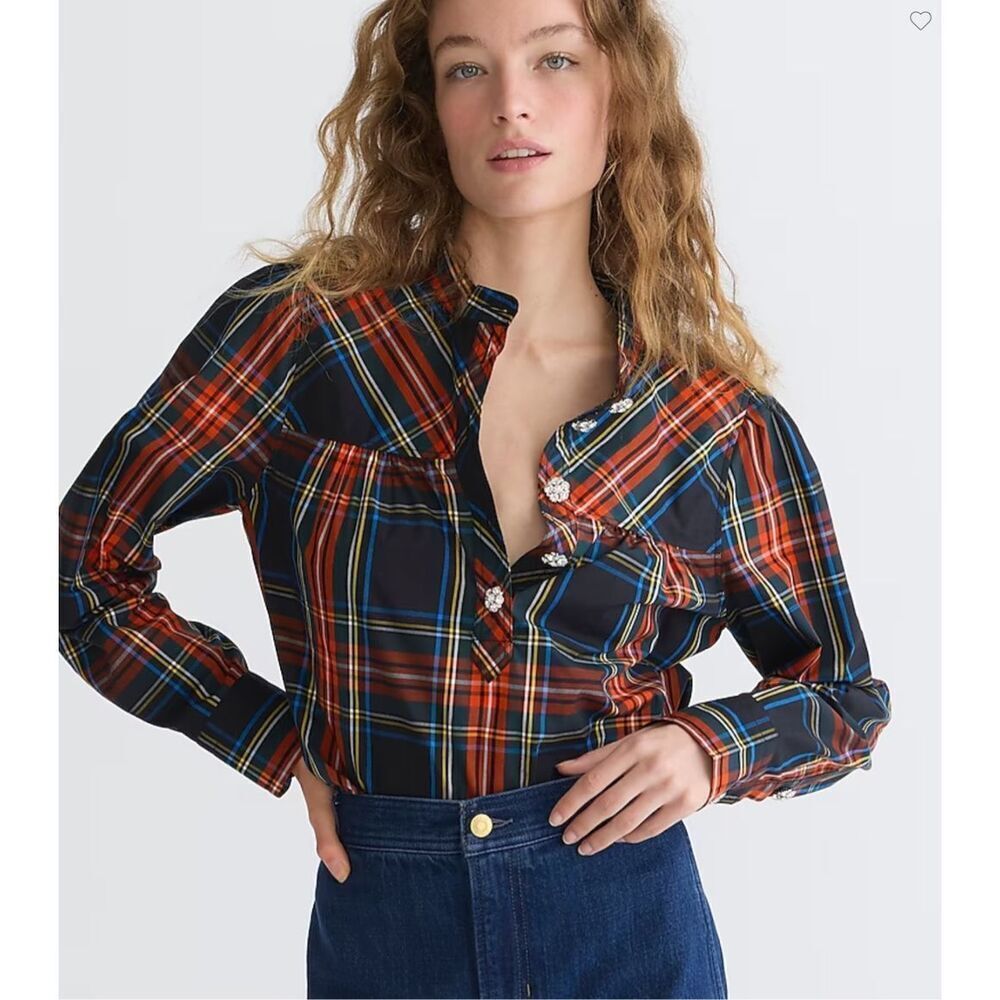 J. Crew Jewled Button Popover tunic black watch tartan organic cotton XS NEW